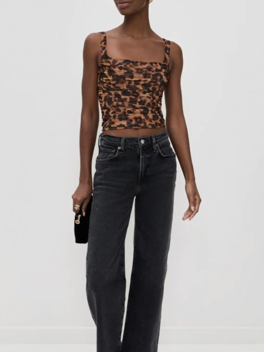$225 NWT L'Agence Brown Black Amur Leopard Rasha Shirred Cropped Tank Top size M